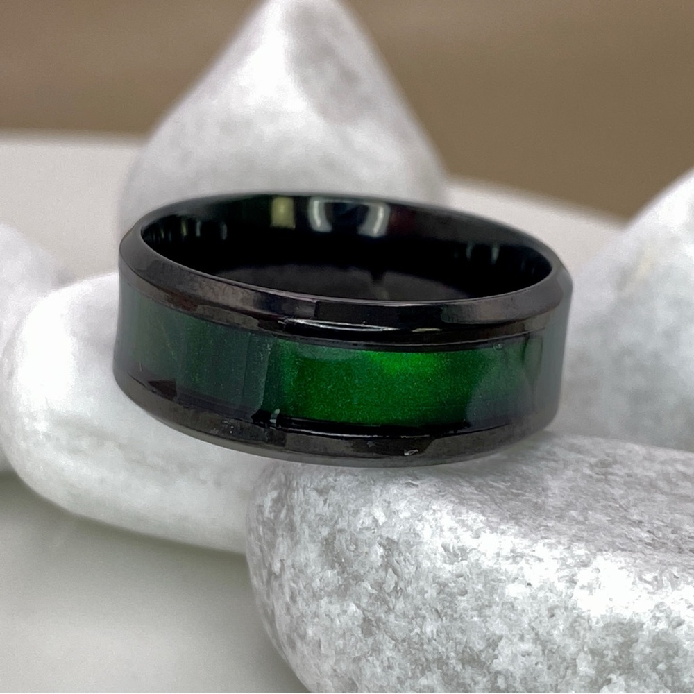 Titanium Steel- Green Opal Stripe Design Black Wedding Band Ring